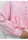 Eteği Ve Kolu Fırfırlı Taşlı Düğmeli Modal Kumaş Gömlek  -Pembe
