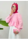 Eteği Ve Kolu Fırfırlı Taşlı Düğmeli Modal Kumaş Gömlek  -Pembe