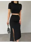 Omarı Siyah Eteği Yırtmaçlı Crop Takım