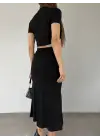 Omarı Siyah Eteği Yırtmaçlı Crop Takım