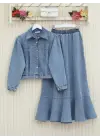 Etek Ucu Volanlı Düğmeli Ceketli Kot Takım -Buz Mavi
