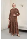 Etnik Desen Eteği Parçalı Astarlı Şifon Elbise  -Açık Kahve