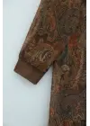 Etnik Desen Eteği Parçalı Astarlı Şifon Elbise  -Açık Kahve