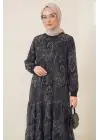 Etnik Desen Eteği Parçalı Astarlı Şifon Elbise  -Antrasit