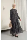 Etnik Desen Eteği Parçalı Astarlı Şifon Elbise  -Antrasit