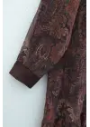 Etnik Desen Eteği Parçalı Astarlı Şifon Elbise  -Mürdüm