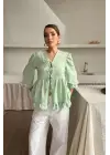 Omarı Fırfır Detaylı Yeşil Keten Bluz - Önden Bağlamalı