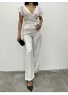 Fermuar Detaylı Fırfırlı Tulum   -Beyaz