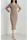 Fermuar detaylı fitilli şardonlu elbise bej a3178