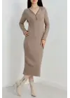 Fermuar detaylı fitilli şardonlu elbise bej a3178