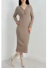 Fermuar detaylı fitilli şardonlu elbise bej a3178