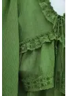 Fırfır Detaylı V Yaka Yarı Transparan Bluz -Yeşil