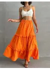 Fırfırlı brodeli astarlı uzun etek turuncu s255047