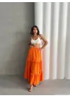 Fırfırlı brodeli astarlı uzun etek turuncu s255047