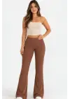 Fitilli Kaşkorse İspanyol Paça Tayt Yüksek Bel Esnek Günlük Rahat Pantolon - Kahverengi