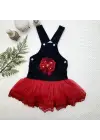 Omarı Fiyonk Detaylı Tül Etek Kot Salopet Kız Çocuk Elbisesi Siyah Kırmızı