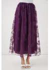 Flok Baskılı Uzun Tül Etek 8070 - Mor