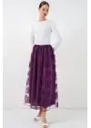 Flok Baskılı Uzun Tül Etek 8070 - Mor