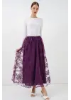 Flok Baskılı Uzun Tül Etek 8070 - Mor