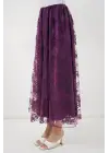 Flok Baskılı Uzun Tül Etek 8070 - Mor