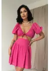 Fuşya Brode Crop Ve Mini Etek Takım