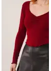 Geniş Yaka Bordo Basic Body Bluz