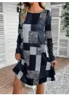 Omarı Modern Geometrik Desenli Uzun Kollu Elbise