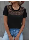 Omarı Şık Yuvarlak Yaka Dantelli Kadın Viskon Bluzu