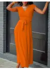 Omarı V Yakalı Belden Kuşaklı Maksi Boy Elbise
