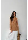 GOLD DÜĞMELİ KETEN YELEK - Kahverengi