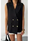 GOLD DÜĞMELİ KETEN YELEK - Siyah