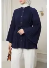 Gold Düğmeli Önü Ve Kolları Pliseli Bağcıklı Gömlek -Laci