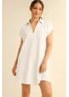 Gömlek Yaka Cepli Süprem Penye Elbise -Beyaz