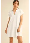Gömlek Yaka Cepli Süprem Penye Elbise -Beyaz