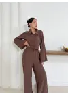 Gömlek yaka kaplama düğmeli takım kahve st265866