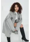 Omarı Gri Kuş Gözü Detaylı Kadın Kot Ceket