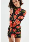 Omarı Gül Desenli Kadın Balıkçı Yaka Mini Elbise