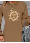 Omarı Güneş Desenli Uzun Kollu Viskon Elbise