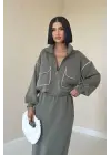 Haki Biyeli Sweatshirt Ve Etek Takım