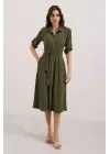 Haki Kuşaklı Gömlek Elbise 2442