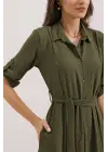 Haki Kuşaklı Gömlek Elbise 2442