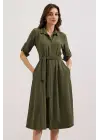 Haki Kuşaklı Gömlek Elbise 2442