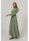 Omarı Yarım Düğmeli Uzun Kol Elbise - Haki