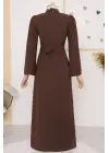 Hakim Yaka Belden Bağlamalı Elbise  -Kahve