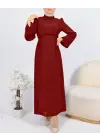 Hakim Yaka Belden Bağlamalı Elbise      -Kırmızı