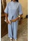 Hakim Yaka Çapraz Düğmeli Plazzo Pantolon Viscon Keten Takım 10091