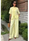 Hakim Yaka Çapraz Düğmeli Plazzo Pantolon Viscon Keten Takım 10209
