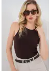 Halter Yaka Çıtçıtlı Body 972 - Kahverengi