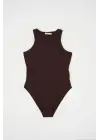 Halter Yaka Çıtçıtlı Body 972 - Kahverengi