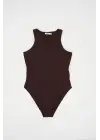 Halter Yaka Çıtçıtlı Body 972 - Kahverengi